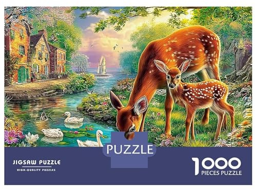 Deer in Spring Puzzle Adulte Two Deer by Forest Stream 1000 Pcs Papier pour Amateurs Couleurs Vives Loisir Créatif Jeu De Réunion Cadeau De Noël Emballage Élégant 38x26cm/1000pcs
