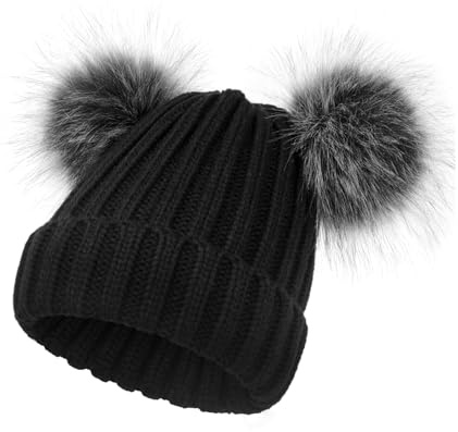 YoungSoul Women's Ribbed Winter Knitted Bobble Hat Double Faux Fur Pom Pom Beanie Black