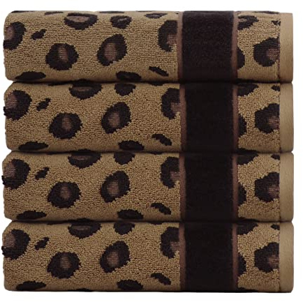 Cotton Craft Handtücher – Set mit 4 dekorativen Handtüchern mit Geparden-Leopardenmuster, Afrika, Safari, 100% Baumwolle, Jacquard, Luxus-Gästetuch, weich, schnell trocknend, saugfähig,