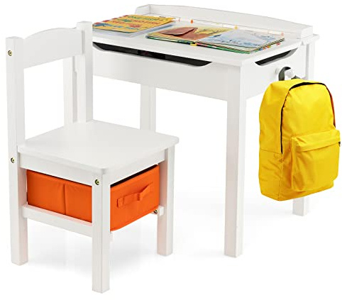 GYMAX Kids Desk and Chair Set, Wooden Children Activity Table with Chair, Storage Space & Lift-up Tabletop, Toddler Study Desk Set for Boys Girls (White), 59 x 40 x 55 cm(L x W x H) (GYHY10077)
