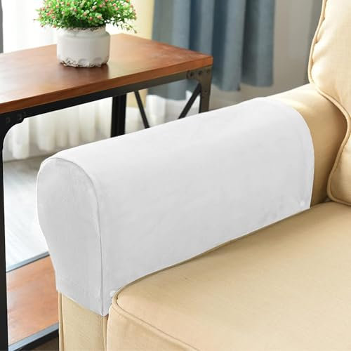 Set of 2 Armrest Covers, Sofa Stretch Armchair Covers, Anti-Slip Furniture Protector Slipcovers, Soft Velvet Couch Arm Covers for Sofa Recliner Chair,White