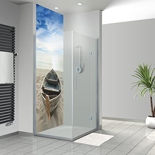 WANDFREUDE individuelle Duschrückwand Aluverbundplatte auf Maß (1 Stück - Boot auf Strand - Premium Matt Lack) – Dusche Wandverkleidung Duschwandverkleidung Duschrückwände