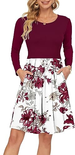 AUSELILY Robe Décontractée à Manches Longues Plissée pour Femmes avec Poches Fleurs Rouges Blanc XXL