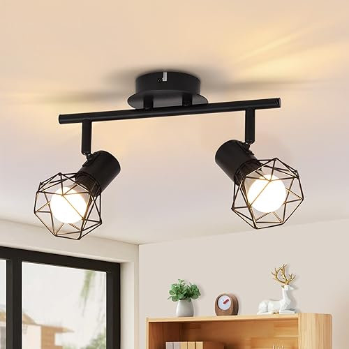 Glitzerlife Ceiling Lights Black Ceiling Spotlight - Kitchen Lamp 2 Way Vintage Metal Cage E14 Industrial Rotatable Adjustable 350°Swivelling for Living Room Bedroom Without Bulbs