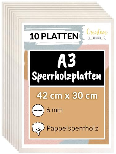 Creative Deco 10 x A3 Sperrholzplatte 6 mm Pappelsperrholz | 420 x 300 (+/- 2) mm | Dünne Holz-Zuschnitte laserfähig | Sperrholz Platte perfekt als Baumaterial
