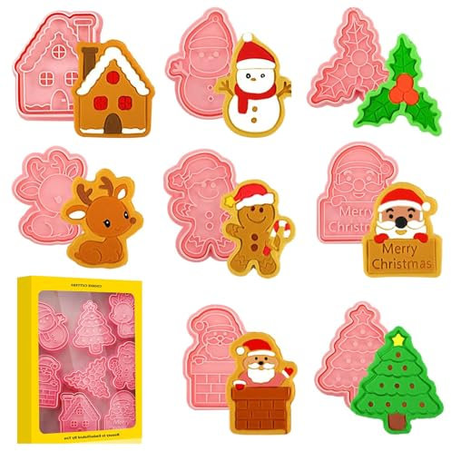 Atuoxing 8 Pezzi Formine Biscotti Natale, 3D Stampi Biscotti Natale in Silicone, Set di Tagliabiscotti di Natale per Bambini, Stampini Biscotti per Natale (C)