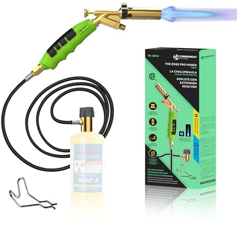 TURBOHEAT Propane Torch with 5ft Hose – 25,388 BTU Heavy Duty MAPP Gas Torch Kit, Full Brass Burner Head, Japan Piezo Igniter, Dual Flame Mode, for Brazing Soldering Large Copper Pipe HVAC Plumbing