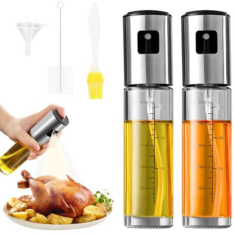 2PCS Spruzzino per Olio, RISVOWO Nebulizzatore Olio con Scala, 100ML Olio Spray per Friggitrice Ad Aria, Acciaio Inox e Vetro Spruzzatore Olio,Bottiglie per Olio per Cucina, Grigliare, Forno, Insalate