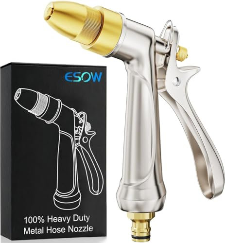 ESOW Boquilla de manguera de jardín, pistola pulverizadora de metal 100% resistente con boquilla de latón completo, 4 patrones de riego, boquilla de riego, diseño de extracción trasera de alta presión