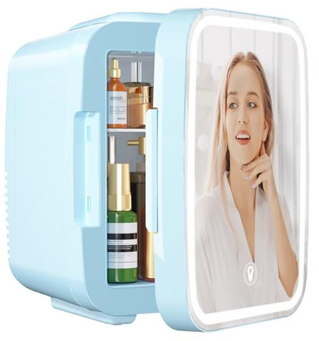 YASHE Mini Frigorifero per la Camera, Frigorifero Skincare con Specchio a LED, Piccolo Frigorifero da 4L Portatile, Riscaldatore & Raffreddatore Termoelettrico 220V AC / 12V DC per Auto, Ufficio(Blu)