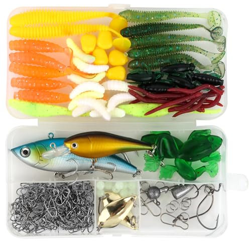 175 pcs Angeln Köder Gemischt, Angeln Köder Set mit Angelkasten, Kunstköder, Angelzubehör, für Süßwasser Salzwasser Fischen