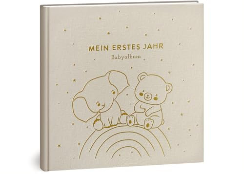Mein erstes Jahr Babyalbum - Hochwertiges Leinenbuch mit Goldprägung für die schönsten Erinnerungen - Babybuch zum Eintragen für das erste Lebensjahr - Baby Geschenk zur Geburt (Regenbogen Natur)
