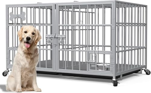 Jaula para perros con bandeja inferior, jaula para perros con divisor, 2 puertas y bandeja, caja doble 2 en 1 para perros grandes y medianos 120 x 73 x 68 cm, plateado