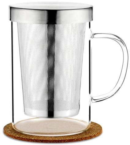 AOOTE Taza de Té Con Filtro y Tapa de Acero Inoxidable, 500ML Vaso de Cristal de Borosilicato Con Posavasos de Corcho para Infusiones y Té Perfumado