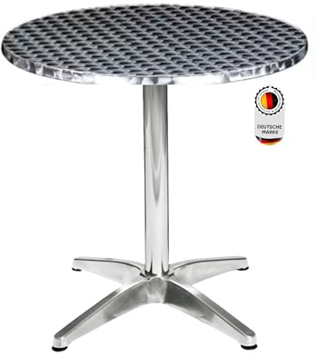 Hochwertiger Bistrotisch aus Aluminium, Runder Aluminiumtisch Wetterfest für Garten, Balkon und Terrassen – Ø 70cm x H72cm / Pflegeleichter Gartentisch mit Standfüßen – Silber glänzend Tischplatte