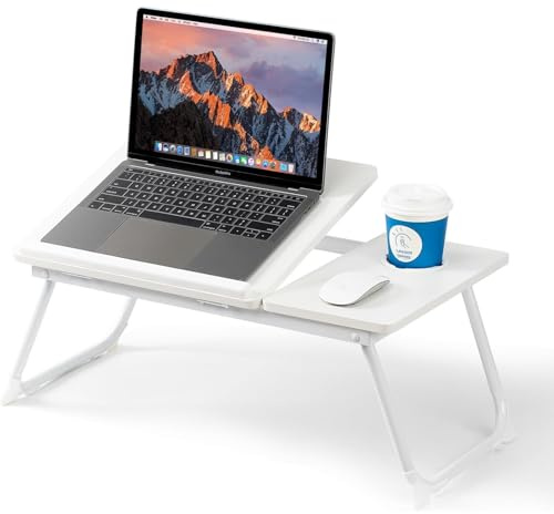 Mesa para Cama y Sofá: Plegable Bandeja para Cama con Tapa Ajustable y Portavasos, Mesa Cama Ordenador en Tablero MDF y Metal, 56x32x25 cm, Blanco
