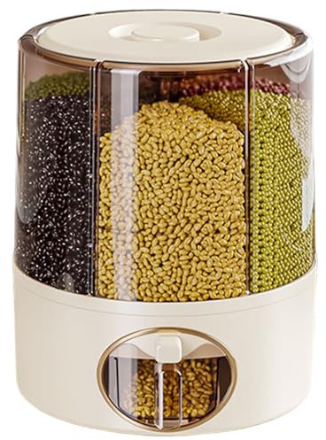 Distributore a grana, secchio di riso trasparente a 360 ° con 6 scomparti, distributore di cereali in uscita con coperchio per cucina, 9.25x11.02 pollici, organizzazione di stoccaggio della cucina