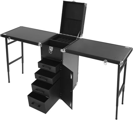 RainWeel Maletín de maquillaje enrollable Mesa de uñas portátil con 2 escritorios plegables, maletín grande para cosméticos (negro)