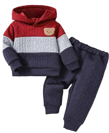 Yigubigu 2Pcs Toddler Boys Outfit Baby Fall Winter Tracksuit Hooded Bear Embroidery Jumper Contrast Sweatshirt Sweatpants Jogger Set Clothes (Multicolor, 12-18 Months)