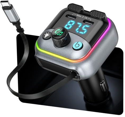 ORIA Bluetooth 6.0 FM-sändare, handsfree bil | PD-laddning 45 W, 1 USB + 2 USB-C, 70 cm infällbar kabel, förstärkt bas, RGB LED, handsfree, i bilen