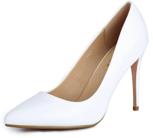 IDIFU Women's IN4 Classic Pointed Toe High Heels Pumps Wedding Dress Office Shoes (White PU, 8.5 B(M) US)