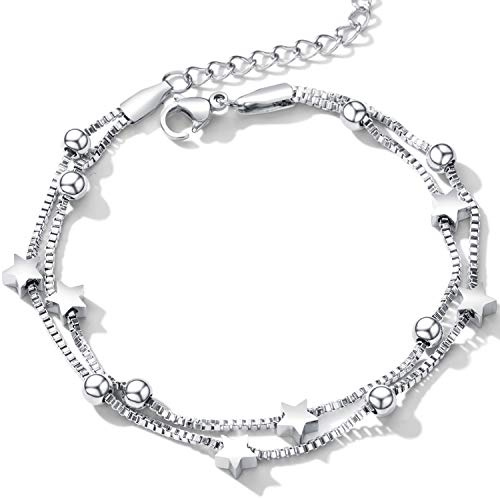 Cupimatch Damarmband hjärtan armband armband armband fotkedja, dubbelt halsband armband för kvinnor flickor armband silver, roséguld e rostfritt stål, colore: Silverstjärnor, cod. CM-27-021