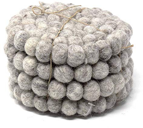 Global Crafts Hand Crafted Felt Ball Wool Coaster Set - Drink Coasters - 4 Pack, Light Grey, 4 in