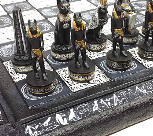 Egyptian Anubis Chess Set Black Silver and Gold Men with 16 Hieroglyphic Board