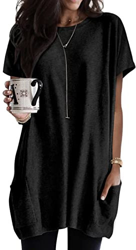 Minetom T-Shirt Damen Sommer Rundhals Kurzarm T Shirt Locker Lang Tshirt Oberteil Longshirt Lose Tshirts mit Tasche Oversized Tee Tops A Schwarz XXL