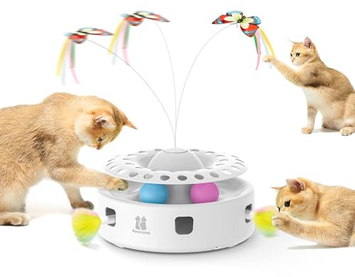 Potaroma 3-in-1 Interaktives Elektrisches Katzenspielzeug – Automatisches Federspiel, Flatternder Schmetterling & Katzenballbahn – USB-betrieben & Batteriebetriebenes für Wohnungskatzen