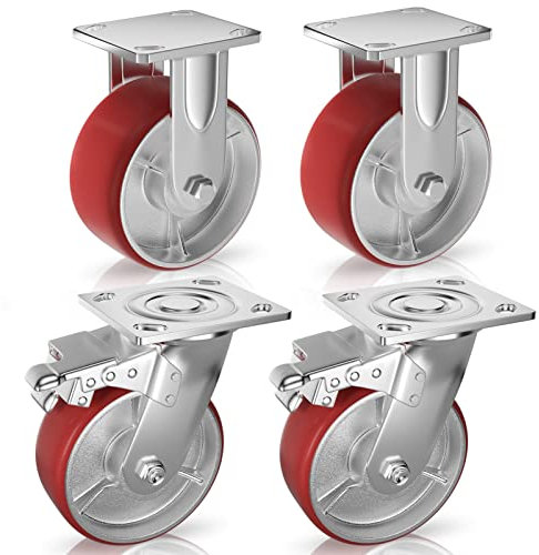 Casters Set of 4 Heavy Duty 6 inch with Brakes 2 and Fixed - ASRINIEY Locking Casters with Quiet Polyurethane on Steel Wheels, Swivel Plate Industrial Caster for Tool Box Trolley Workbench, 5000 lbs