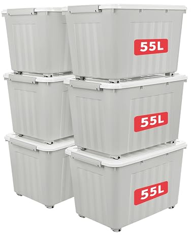 Cetomo 55L*6 Cajas de Almacenamiento con Tapas, Contenedores de Plástico con Ruedas, Clip On, Apilables, Encajables, Organizador Rayado para Oficina en Casa, Gris, 55L-6 Pack