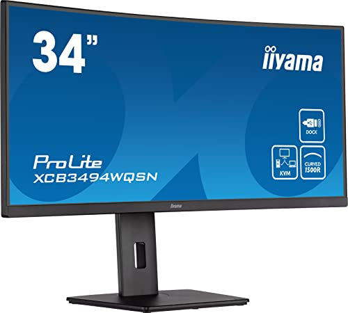 iiyama Prolite XCB3494WQSN-B5 Curved 86.4cm 34 Zoll VA LED-Monitor UWQHD HDMI DP USB3.0 USB-C 65W LAN KVM-Switch Höhenverstellung FreeSync schwarz