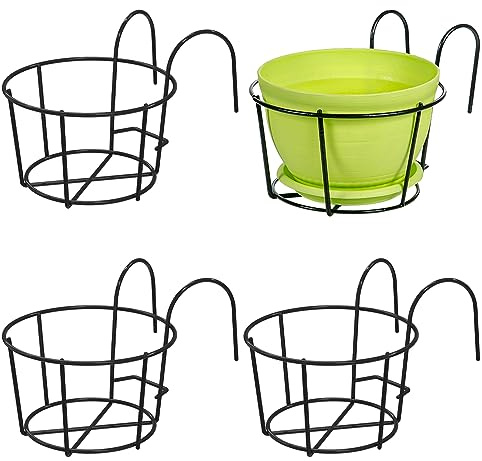 Leoenir 4 Pack Round Hanging Railing Planters - Metal Flower Pot Holder for Balcony and Fence （Black）