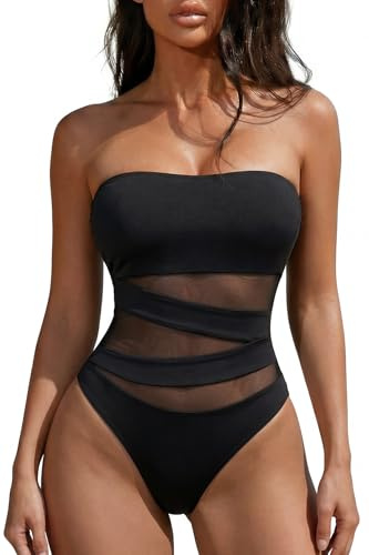 Holipick Women Black Strapless Bandeau One Piece Swimsuits Sexy Mesh Cutout Bathing Suits Tummy Control Swimwear XS