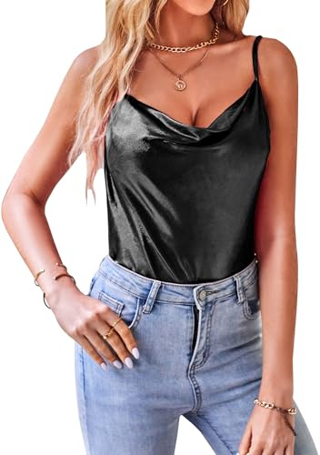 VIDUSSA Top da donna scintillante con glitter senza maniche, maglietta estiva con spaghetti Camisole Top, Nero , L
