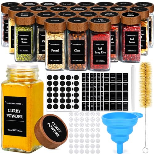 MOYKSRR Barattoli Spezie, 24pcs 120ml Barattoli Portaspezie Quadrato con Coperchi in Legna, Vasetti Portaspezie Vetro, Contenitori Spezie per Cucina con Setaccio,Etichette,Spazzola, Lmbuto