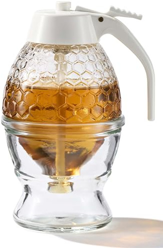 PAULSWAY Not Chromed Glass Honey Dispenser, Food-Grade ABS White Lid – No Drip Glass with Stand – 8 oz Honey Jar – Honeycomb Design Container – Honey Pot for Honey, Maple Syrup