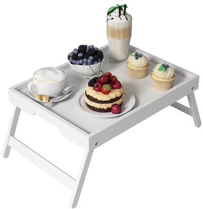 Youpehom Bed Tray Table with Folding Legs,Bamboo Breakfast in Bed for TV Table,Tray,Eating,Snack Tray,Laptop Computer (White, Medium)
