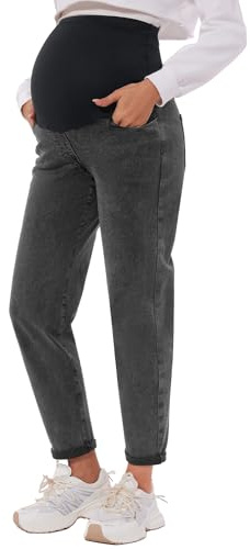 POSHGLAM Women's Maternity Jeans Over Belly Comfy Stretch Boyfriend Jeans Denim Pregnancy Pants, S-XXL, A03 Washed Black, Large