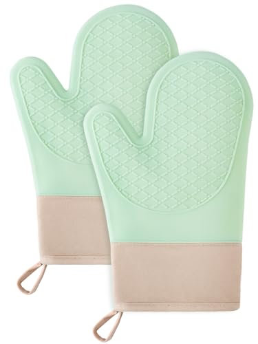 Ofenhandschuhe Hitzebestaendig,2PCS Topflappen, Ofenhandschuhe eine Silikon Anti- Rutsch Oberfläche,die Innenseite ist aus Baumwolle, Grün Handschuhe der Küche