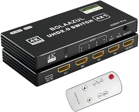 BolAAzuL HDMI Switch 4 in 1 Out 4K@60Hz, HDMI Port Expander with Remote 4 Port Switcher Selector Box Support 3D HDR HDCP2.2 Compatible with PS5/4/3 Xbox Nintendo Switch Roku TV Fire Stick Black