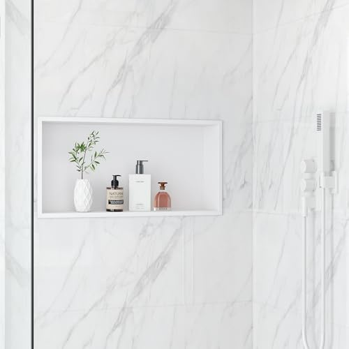 Qeke 304 Stainless Steel Recessed Shower Niche, Waterproof Built-in Wall Caddy with Flange, Easy to Installation, Rustproof for Bathroom & Kitchen, Single Layer, 60x30x10 CM, White