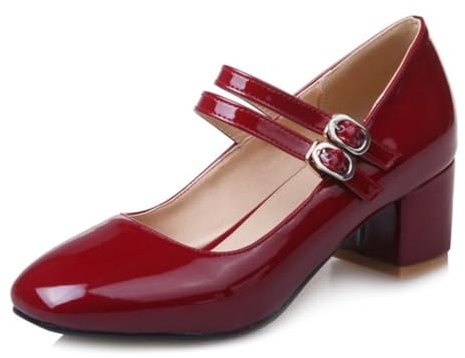 Diuniarza Femme Bloc Moyen Strap Mary Jane Travail Pumps Bout Rond Cuir Verni Escarpin Bride Cheville Mariage Chaussures de Fête Rouge Taille 38 EU/39 Asiatique