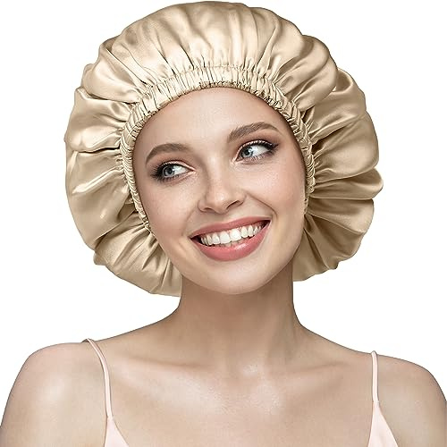 Umisleep Gorro de Dormir de 22 mommes, 100% Seda de Morera, Gorro de Doble Capa para Cabello Rizado, Gorro Transpirable y Ajustable con Banda elástica para una fijación Segura, Color champán, 53-63