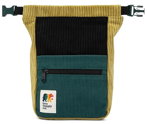 Oso Supply Co - Retro Corduroy Bouldering Bucket, Large Size Freestanding Chalk Bag for Rock Climbing, Magnetic Roll Down Closure, Dual Brush Loops, Zippered Pockets and Pouch (Olive and Black)