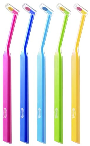 B Rush® End Tuft Toothbrush for Braces (5 Pack), Small Head Single Tufted Orthodontic Brush, Double-Tiered Bristles Interdental Interspace Dental Tapered Brushes for Implants, Wisdom Teeth, Gumline