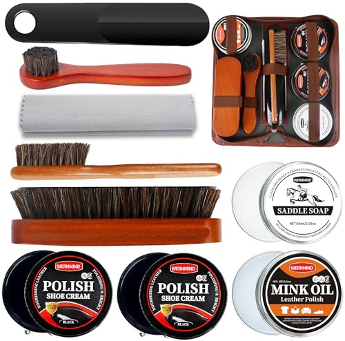 WERNMIND Black Brown Shoe Polish Kit Saddle Soap Mink Oil Leather Conditioner Cream Boots Cleaning Shoe Shine Care Wax Cleaner Kit 10PCS