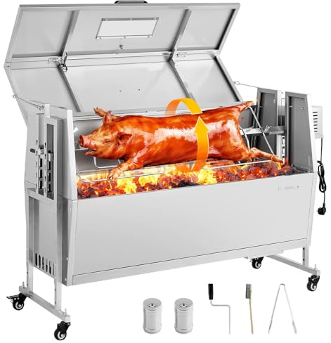 VEVOR Asador Giratorio 1168,4 mm Motor de 38 W, 4 Niveles de Altura, Capacidad de Carga de 60 kg, Parrilla de Acero Inoxidable con Ruedas, Rotación Suave de 360°, para Fiestas, Barbacoas, Acampadas