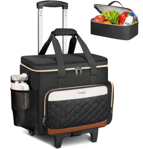 Ytonet Sac a Roulette, Mallettes à roulettes pour Ordinateur Portable | avec Sac Isotherme Repas, Poche pour Gobelet, 15.6 Sac a Roulette Enseignant, pour Travail, Bureau, Enseignement, Noir Beige